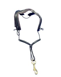 Sling Marmaduke feather strap iv, over shoulder  leather yoke, easy y adjuster on cord, brass hook.