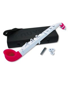 Nuvo jsax curved sax white with pink trim, plastic throughout, in c, chromatic range middle c (c4) to g (g5)