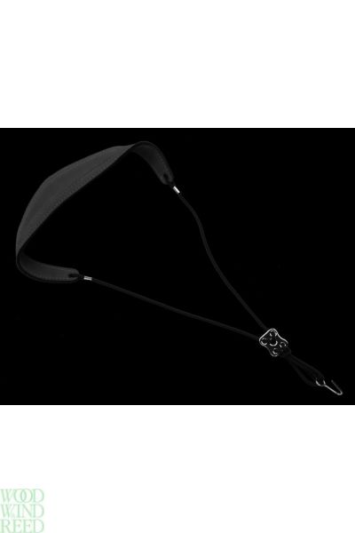 Sling / neck strap bassoon NK black leather with black slider and open metal hook cord style adjustment