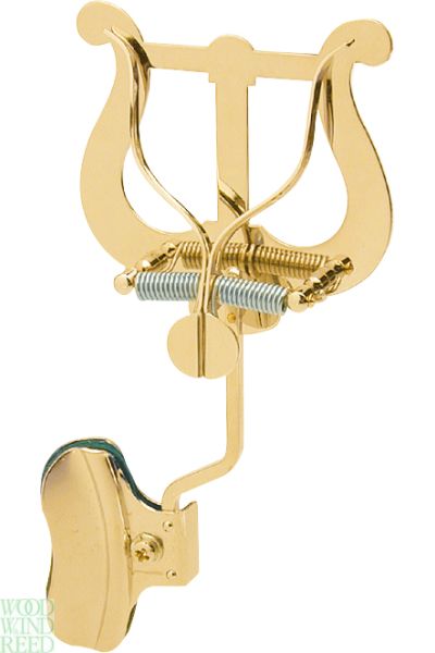 Lyre trombone by A&S large. Clamps to bell rim. Lyre has  2 levers to enable easy card change, brass