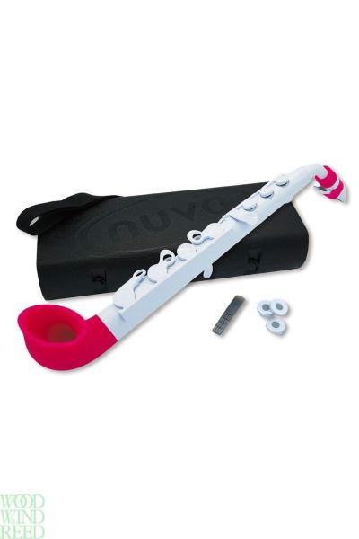 Nuvo jsax curved sax white with pink trim, plastic throughout, in c, chromatic range middle c (c4) to g (g5)